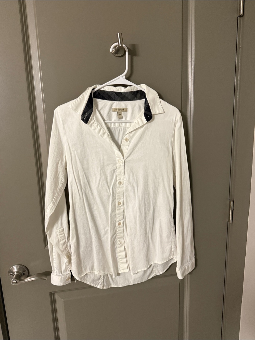 Burberry London Cream Label on White Shirt with Check Trim